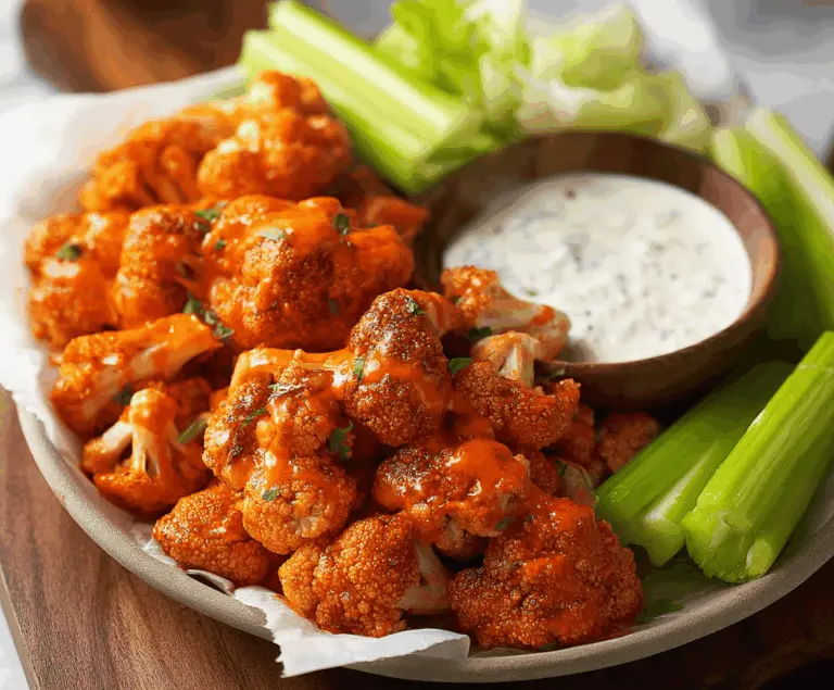 Crispy Air Fryer Buffalo Cauliflower bites served with blue cheese dressing on a white plate
