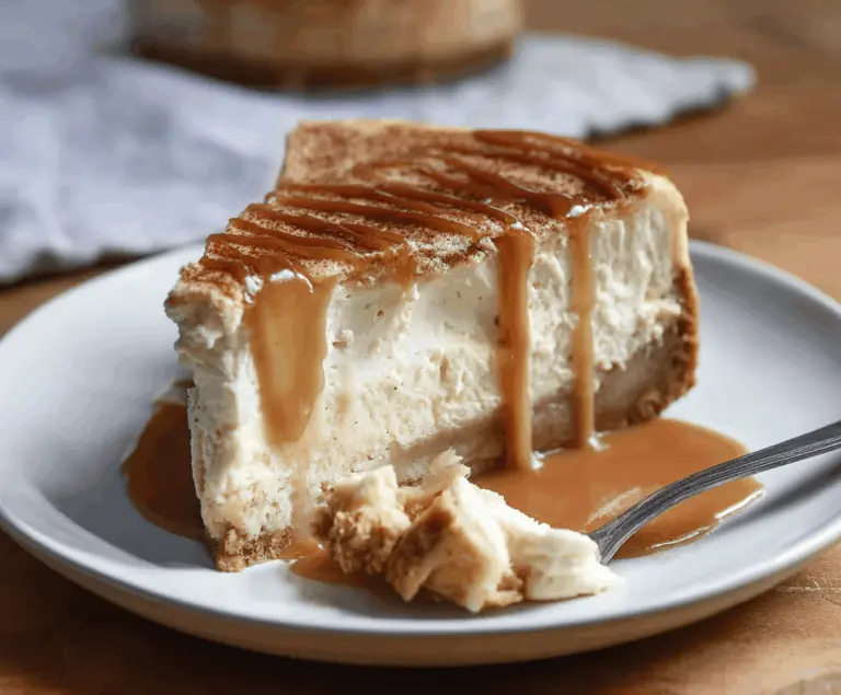 Delicious homemade apple cider cheesecake topped with caramelized apples and cinnamon, perfect for fall desserts.