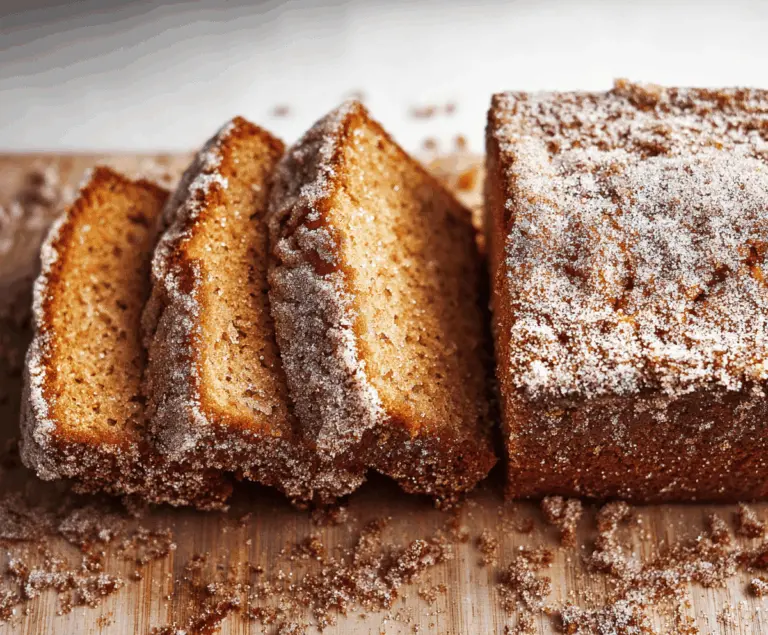Delicious apple cider doughnut loaf cake topped with powdered sugar, perfect for fall desserts