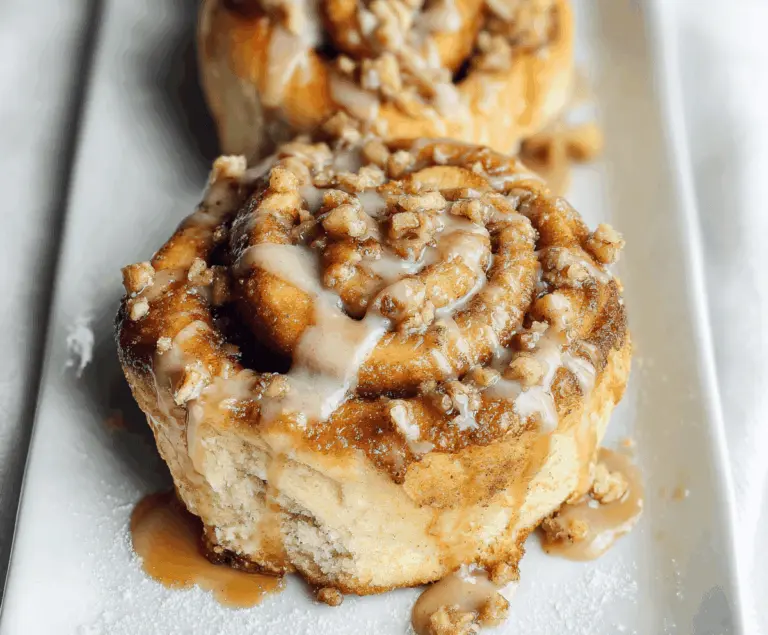 Delicious apple pie stuffed cinnamon rolls topped with caramel sauce and powdered sugar, ready to serve as a sweet breakfast or dessert