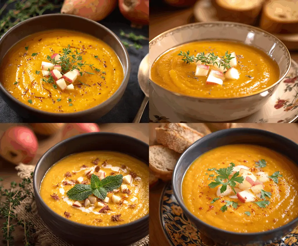 Creamy apple and sweet potato soup garnished with fresh herbs in a white bowl, perfect for a cozy fall meal.