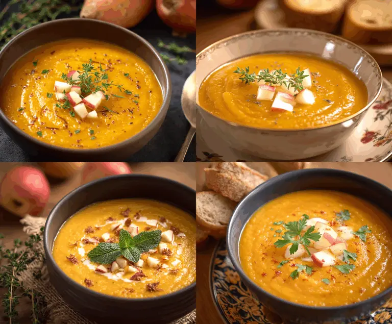 Creamy apple and sweet potato soup garnished with fresh herbs in a white bowl, perfect for a cozy fall meal.