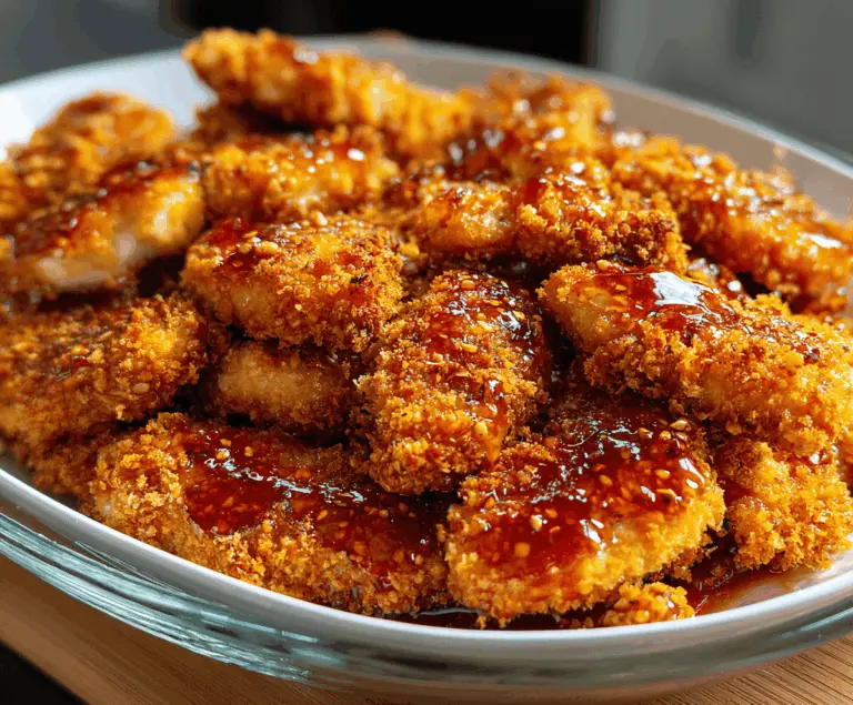 Delicious baked crunchy hot honey chicken garnished with fresh herbs on a white plate, perfect for a flavorful dinner