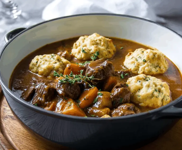 Hearty beef stew with tender meat and fluffy dumplings in a rustic bowl, garnished with fresh herbs.