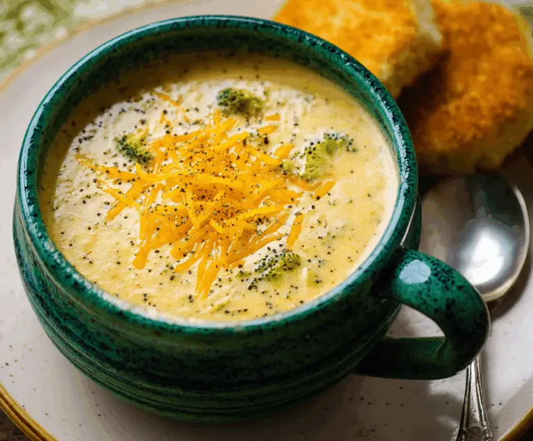 Creamy broccoli cheddar soup served in a bowl with fresh broccoli florets and melted cheddar cheese on top, perfect for a comforting meal.