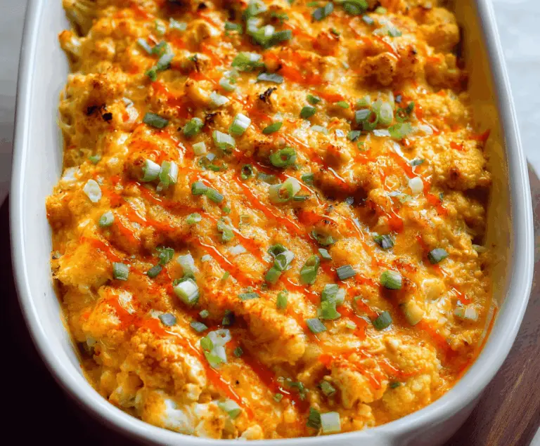 Buffalo Chicken Cauliflower Casserole topped with melted cheese and fresh green herbs, a healthy and spicy low-carb dinner option