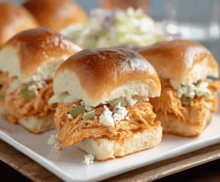 Juicy Buffalo Chicken Sliders topped with crispy lettuce and creamy dressing on soft slider buns, perfect for game day or parties