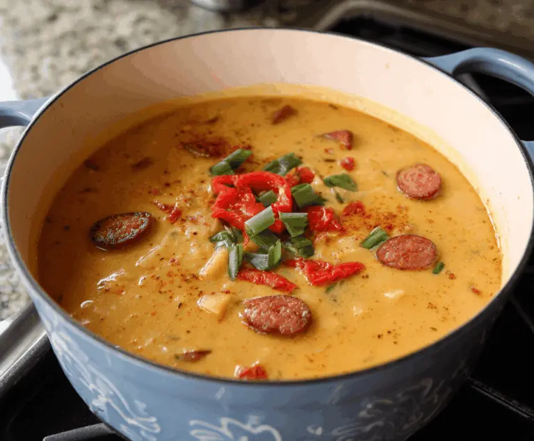 Creamy Cajun Potato Soup served in a bowl with garnishes, featuring chunks of potatoes, spices, and fresh herbs.