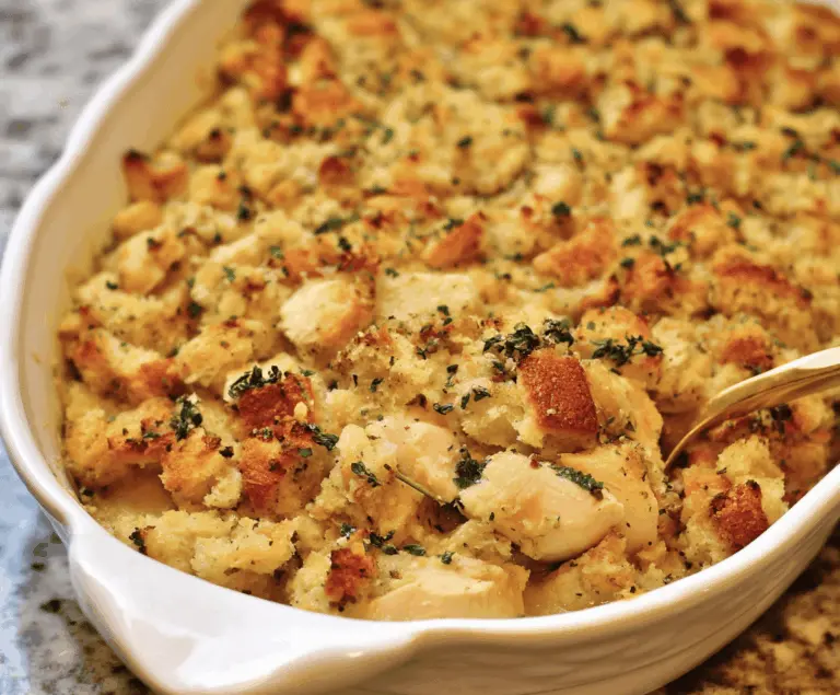 Delicious Chicken and Stuffing Bake topped with golden-brown breadcrumbs, served in a casserole dish perfect for a comforting family meal.