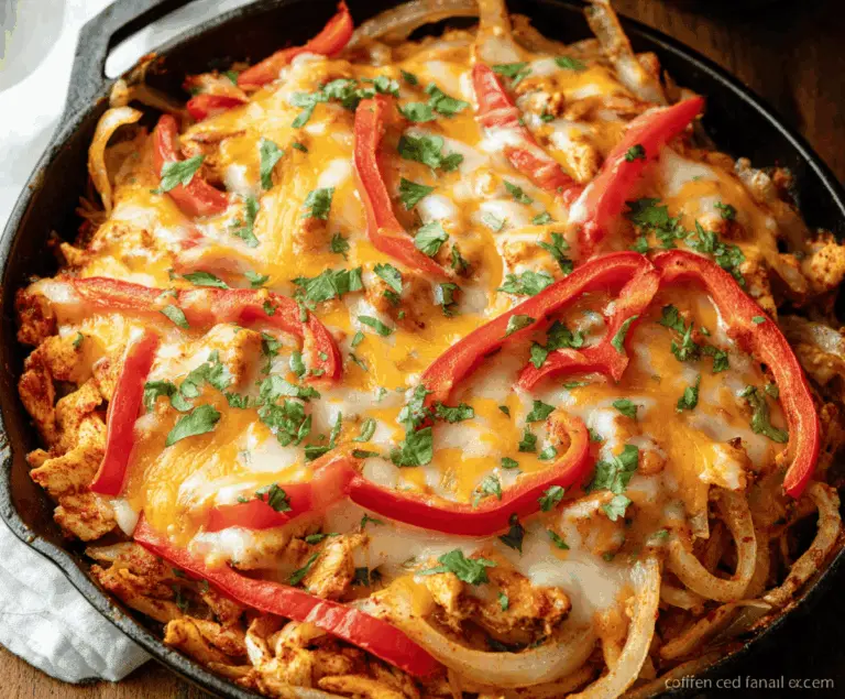 Delicious Chicken Fajita Casserole with melted cheese, colorful bell peppers, and seasoned chicken in a baking dish, ready to serve.