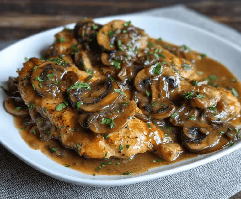 Delicious Chicken Marsala served with a rich mushroom and wine sauce on a white plate, garnished with fresh herbs.
