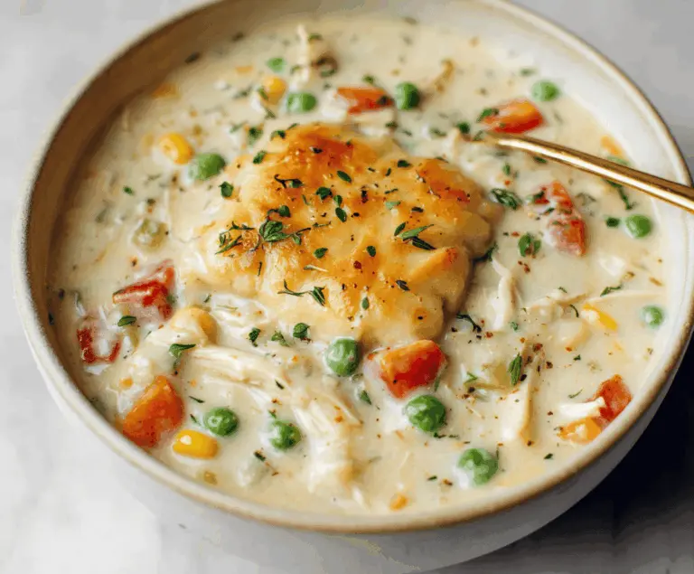 Creamy Chicken Pot Pie Soup with tender chicken, vegetables, and golden crust topping served in a bowl