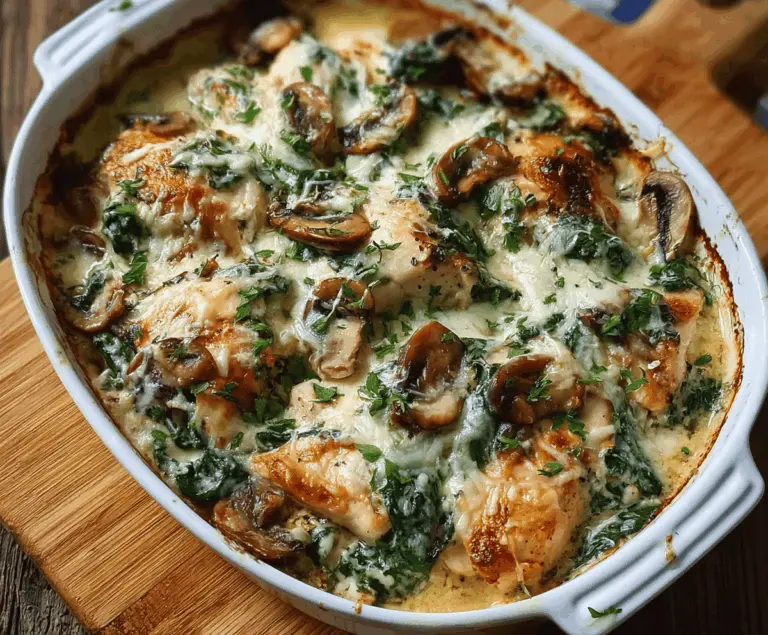 Delicious Chicken, Spinach, and Mushroom Low-Carb Bake served hot on a white plate, showcasing a healthy and flavorful low-carb meal