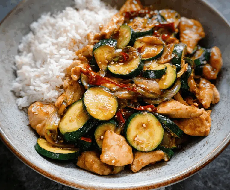 Colorful chicken zucchini stir fry with tender chicken slices and fresh zucchini, garnished with herbs in a vibrant, appetizing dish.