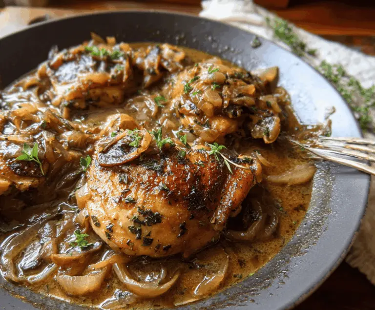 Juicy cider-braised chicken topped with caramelized onions, served on a rustic plate for a flavorful, comforting meal.