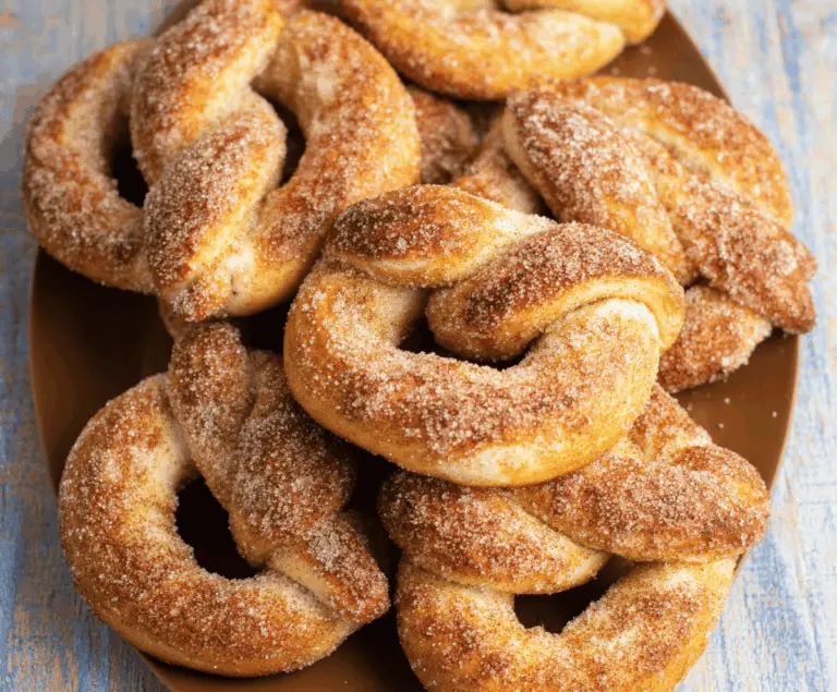 Delicious freshly baked cinnamon sugar soft pretzels with a golden-brown crust, sprinkled with cinnamon sugar topping, served on a rustic wooden platter
