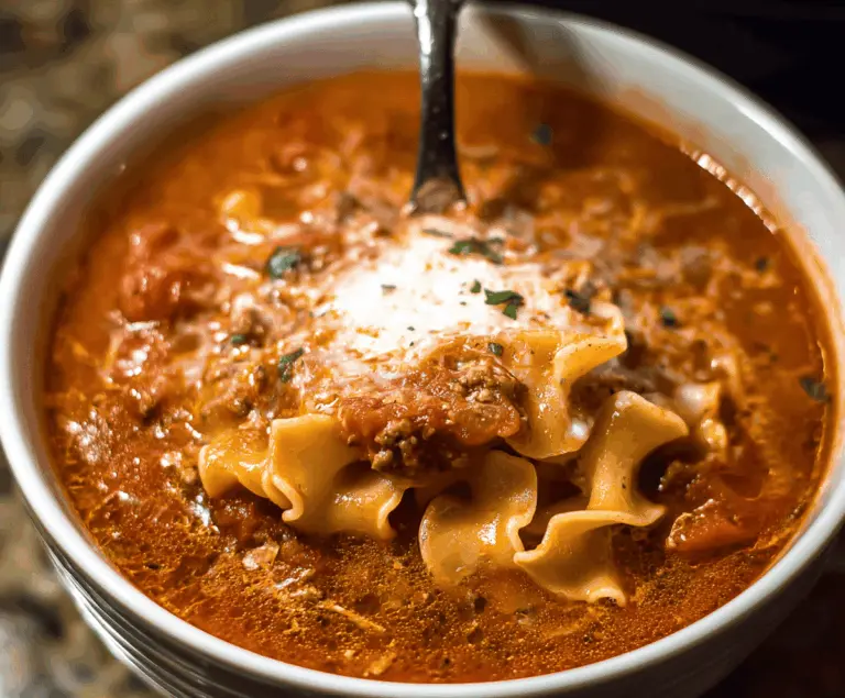 A steaming bowl of classic lasagna soup topped with melted cheese, fresh basil, and meat sauce, served with garlic bread on the side.
