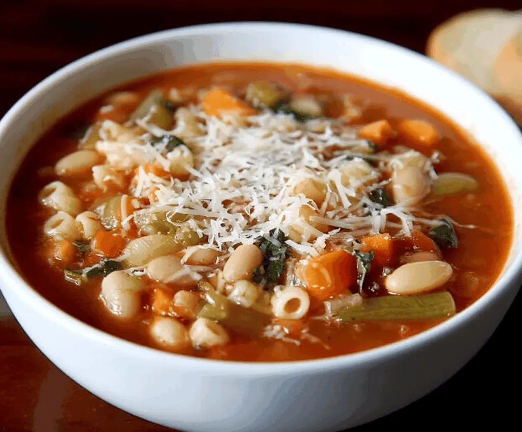 A steaming bowl of classic minestrone soup filled with fresh vegetables, beans, pasta, and herbs, served in a rustic bowl.