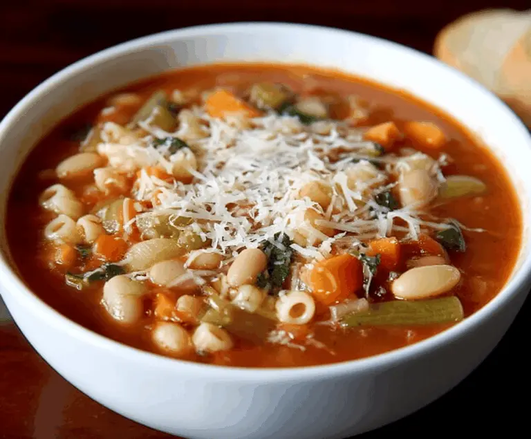 A steaming bowl of classic minestrone soup filled with fresh vegetables, beans, pasta, and herbs, served in a rustic bowl.