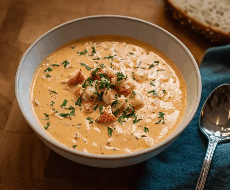 Creamy crab and shrimp seafood bisque garnished with fresh herbs, served in a bowl with a spoon, perfect for seafood lovers