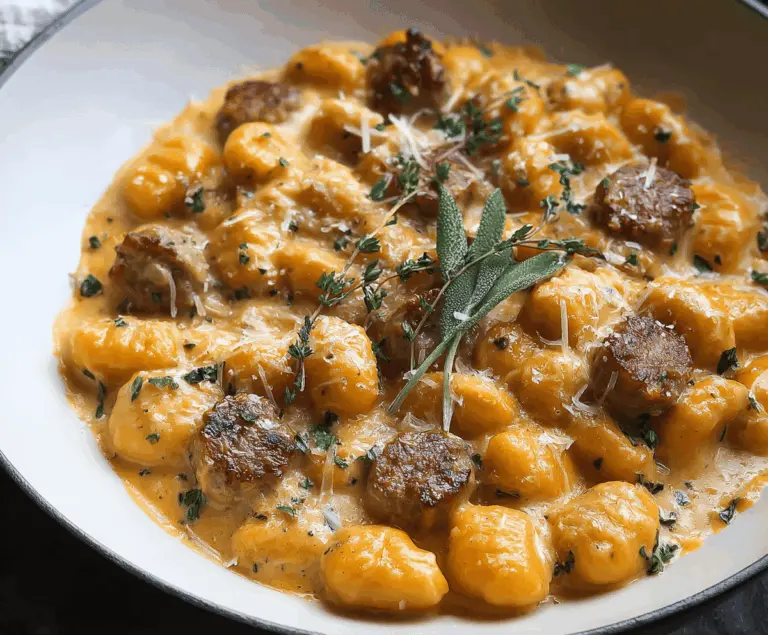 Creamy butternut squash gnocchi with sausage served on a plate, garnished with fresh herbs, featuring golden-brown gnocchi and savory sausage slices.