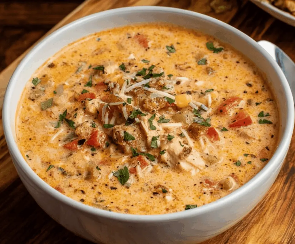Creamy Cajun Chicken Soup with shredded chicken, vegetables, and spices in a bowl, topped with fresh herbs and a swirl of cream, perfect for a hearty, flavorful meal