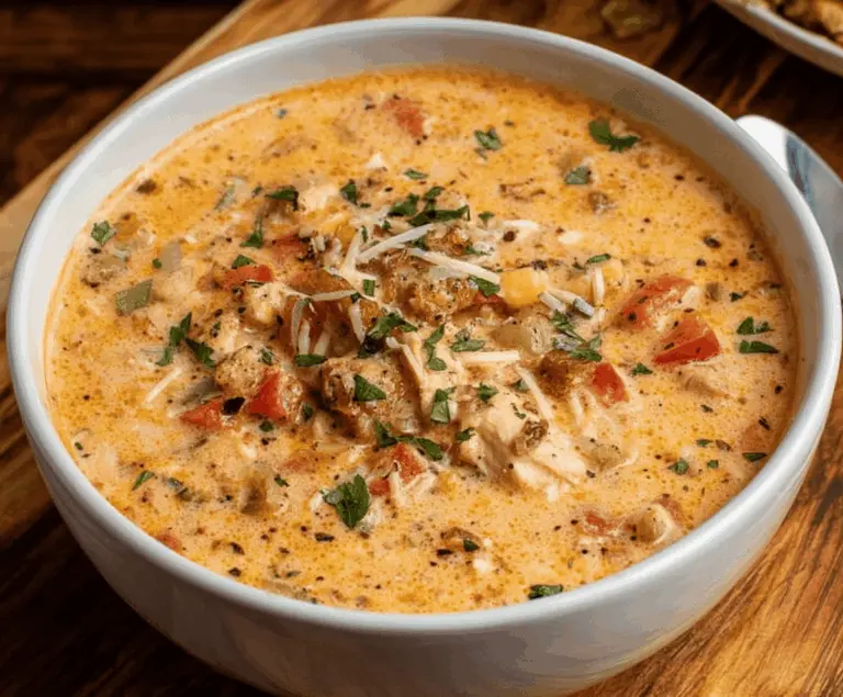 Creamy Cajun Chicken Soup with shredded chicken, vegetables, and spices in a bowl, topped with fresh herbs and a swirl of cream, perfect for a hearty, flavorful meal
