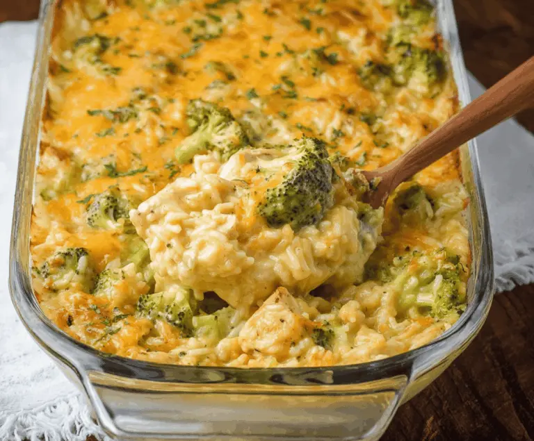 Creamy chicken broccoli rice cheese casserole served in a baking dish with melted cheese and fresh broccoli florets, perfect for a comforting family dinner