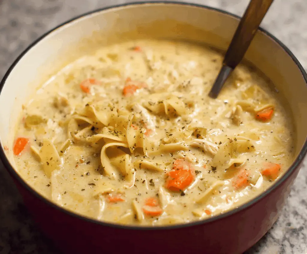 A steaming bowl of creamy chicken noodle soup garnished with fresh herbs, featuring tender chicken, hearty noodles, and a rich, flavorful broth.