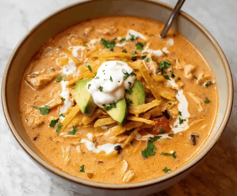 Creamy chicken tortilla soup with shredded chicken, melted cheese, crispy tortilla strips, and fresh cilantro served in a bowl