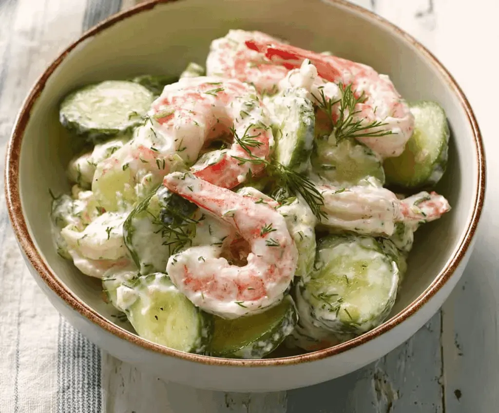 Creamy cucumber shrimp salad garnished with fresh herbs in a white bowl, perfect for a refreshing seafood appetizer or light meal