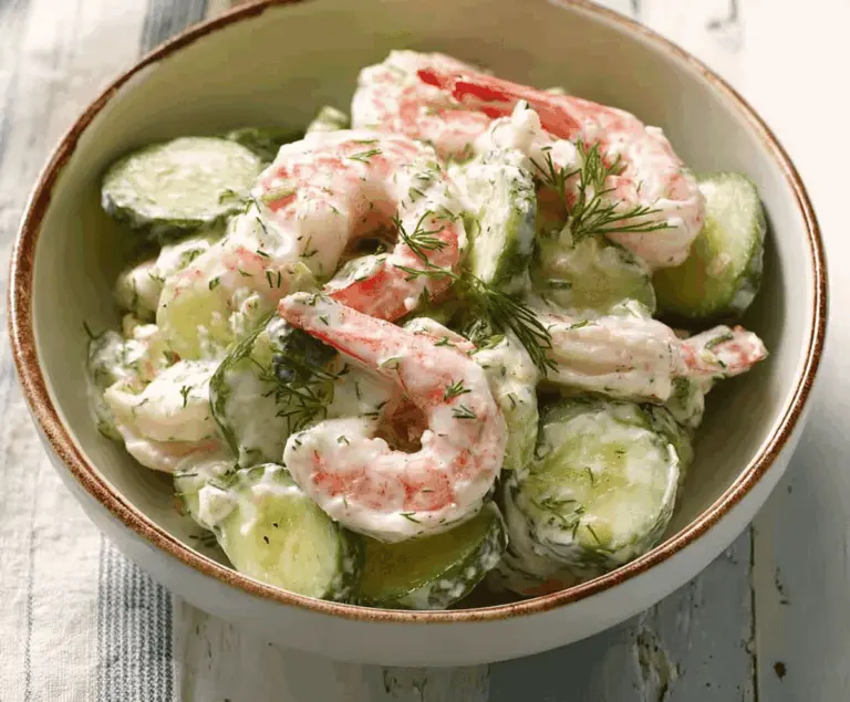 Creamy cucumber shrimp salad garnished with fresh herbs in a white bowl, perfect for a refreshing seafood appetizer or light meal