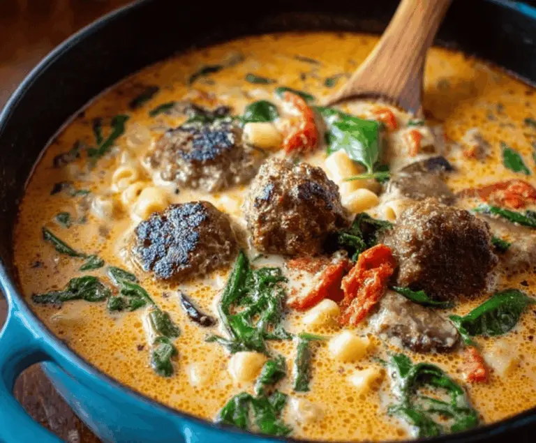 Hearty bowl of Creamy Italian Meatball Soup with meatballs, vegetables, and melted cheese in a creamy broth, garnished with fresh herbs.
