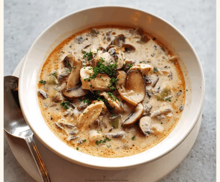Creamy mushroom chicken and wild rice soup in a bowl with fresh herbs, showcasing a hearty and comforting homemade soup