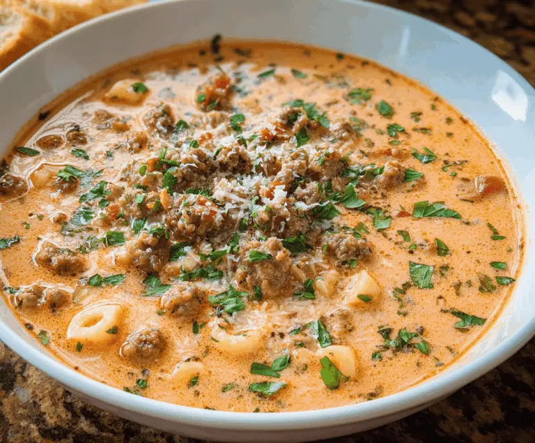 Creamy Parmesan Italian Sausage Soup in a bowl topped with fresh herbs, showcasing a rich, hearty Italian sausage and Parmesan cheese soup with vegetables