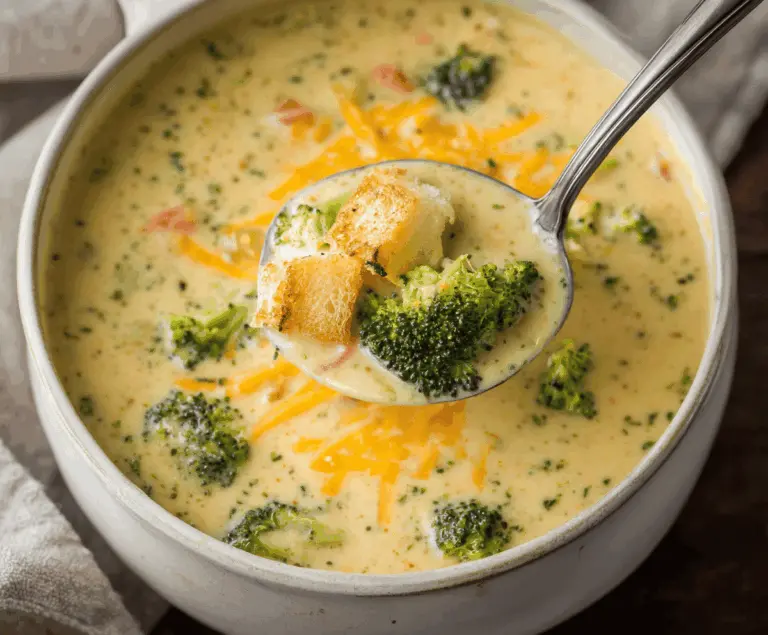 Creamy Potato, Broccoli, and Cheddar Soup in a bowl with fresh vegetables and melted cheese topping