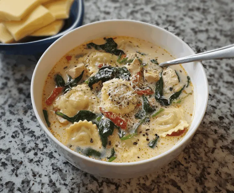 Creamy Tuscan Ravioli Soup featuring spinach, sun-dried tomatoes, and cheese-filled ravioli in a rich, flavorful broth