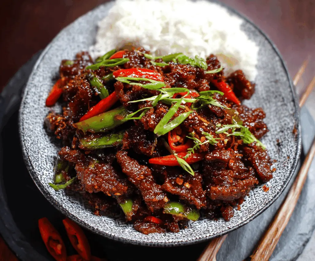 A plate of crispy chilli beef garnished with sliced green onions and red chilies, showcasing a flavorful Asian stir-fry dish.