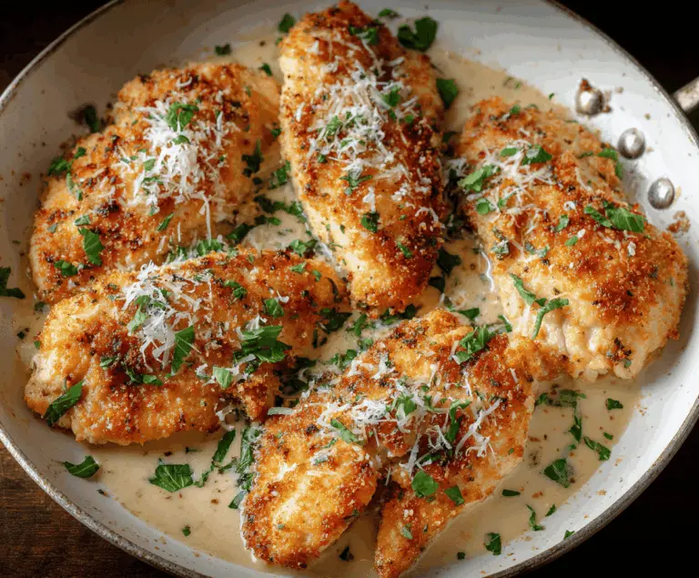 Crispy Parmesan Chicken served on a plate with fresh herbs, showcasing golden-brown breaded chicken topped with melted Parmesan cheese