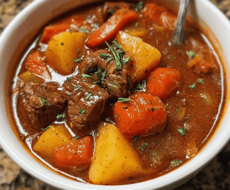 Hearty homemade Crockpot Beef Stew with tender beef chunks, carrots, potatoes, and vegetables served in a rustic bowl