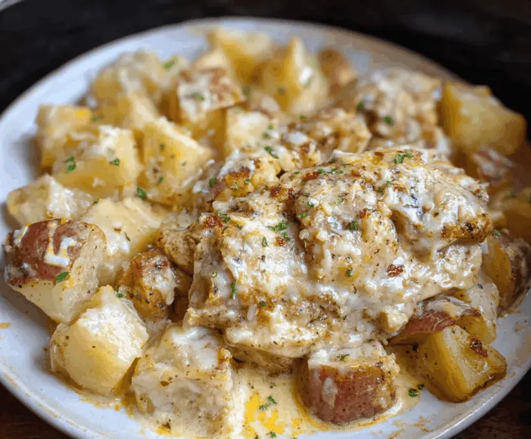 Creamy Crockpot Garlic Parmesan Chicken and Potatoes dish with tender chicken breasts, crispy potatoes, and a flavorful garlic Parmesan sauce.