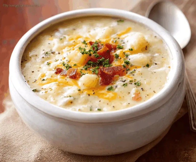 Creamy crockpot potato soup served in a bowl with fresh herbs and toppings, perfect for a comforting meal