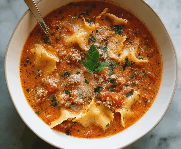 Creamy dairy-free lasagna soup topped with fresh basil and melted dairy-free cheese in a bowl, perfect for a hearty vegan-friendly meal.