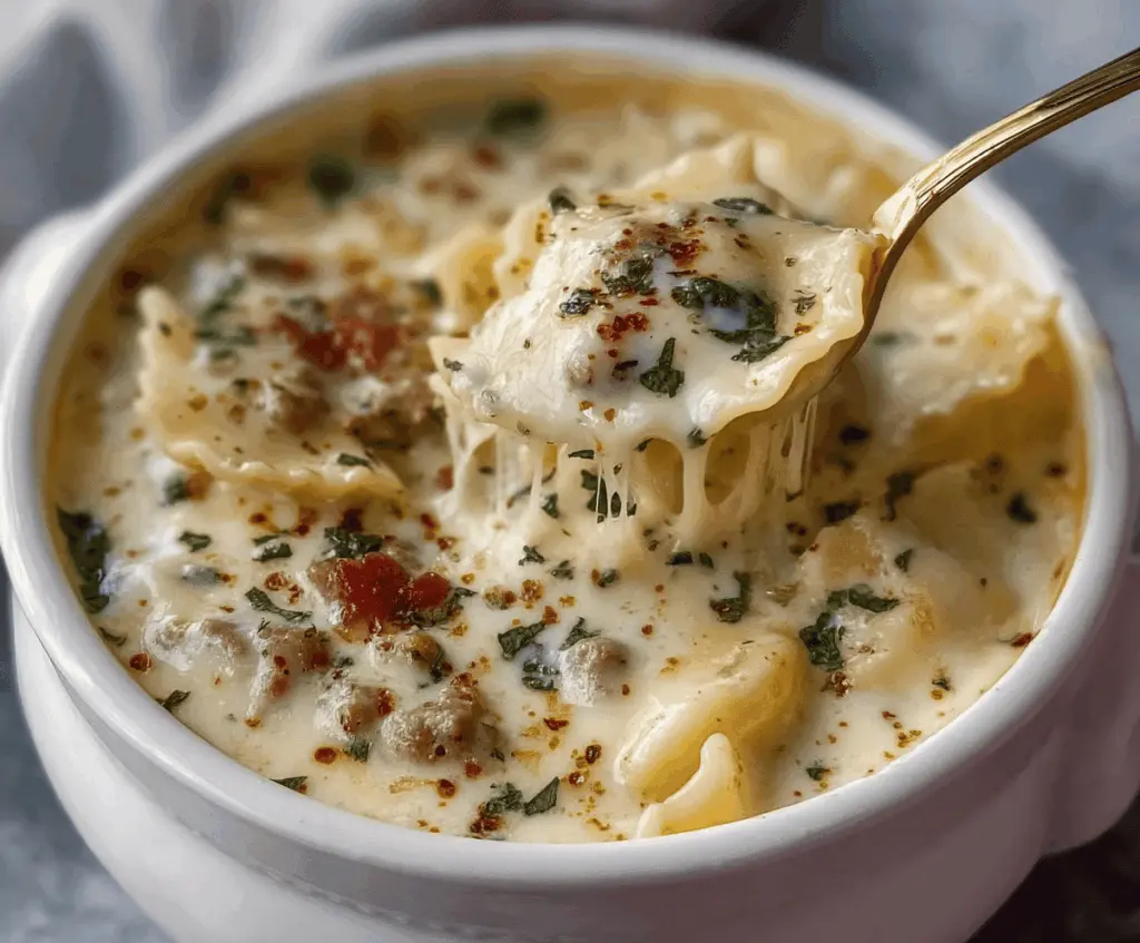 Creamy Alfredo Lasagna Soup topped with melted cheese and fresh herbs in a bowl, showcasing a rich and comforting Italian-inspired dish