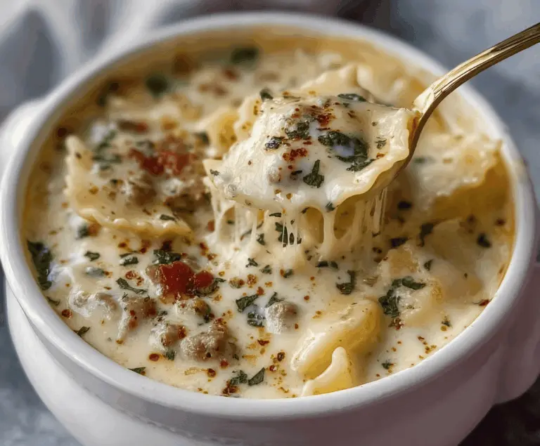 Creamy Alfredo Lasagna Soup topped with melted cheese and fresh herbs in a bowl, showcasing a rich and comforting Italian-inspired dish