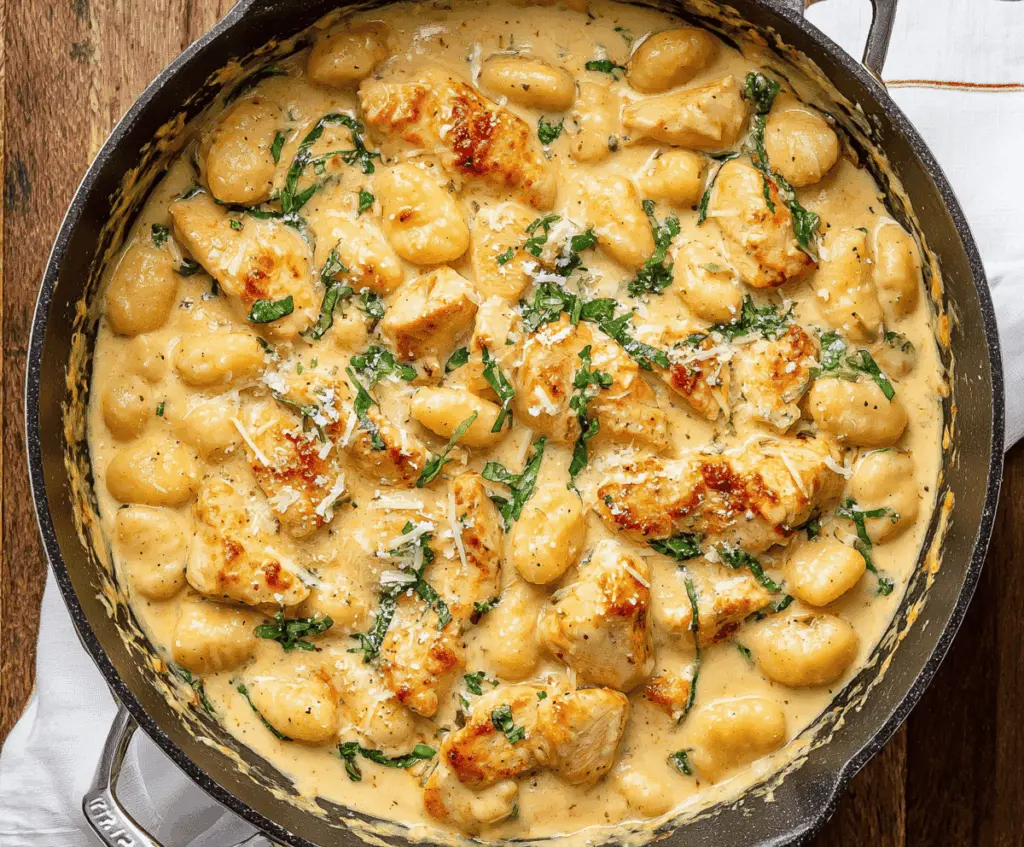 Delicious garlic chicken gnocchi skillet with sautéed chicken, golden gnocchi, and fresh herbs on a rustic wooden table