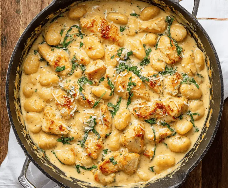 Delicious garlic chicken gnocchi skillet with sautéed chicken, golden gnocchi, and fresh herbs on a rustic wooden table
