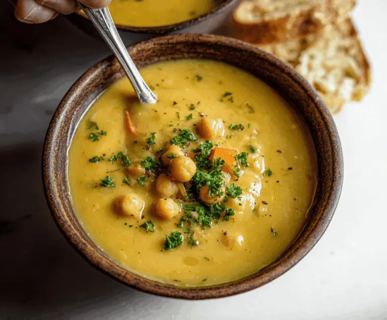 Creamy garlic chickpea soup garnished with fresh herbs in a rustic bowl, perfect for a hearty vegetarian meal.