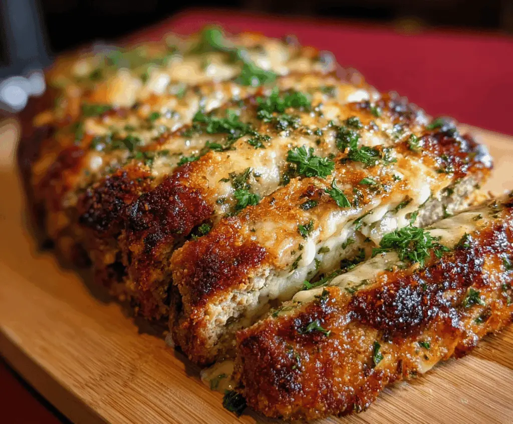Juicy garlic Parmesan chicken meatloaf topped with melted cheese and fresh herbs, served on a white plate
