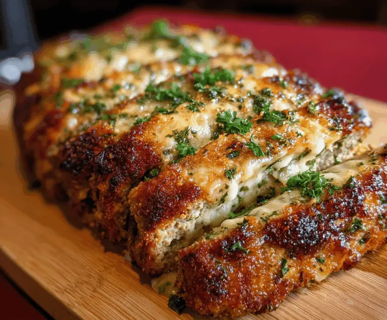 Juicy garlic Parmesan chicken meatloaf topped with melted cheese and fresh herbs, served on a white plate